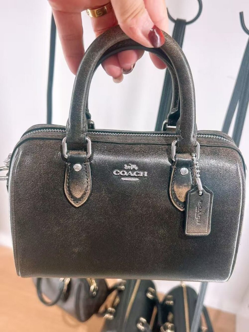 NWT Coach Mini Rowan Crossbody Bag In Loved Leather CEN22 Silver/Black Brown